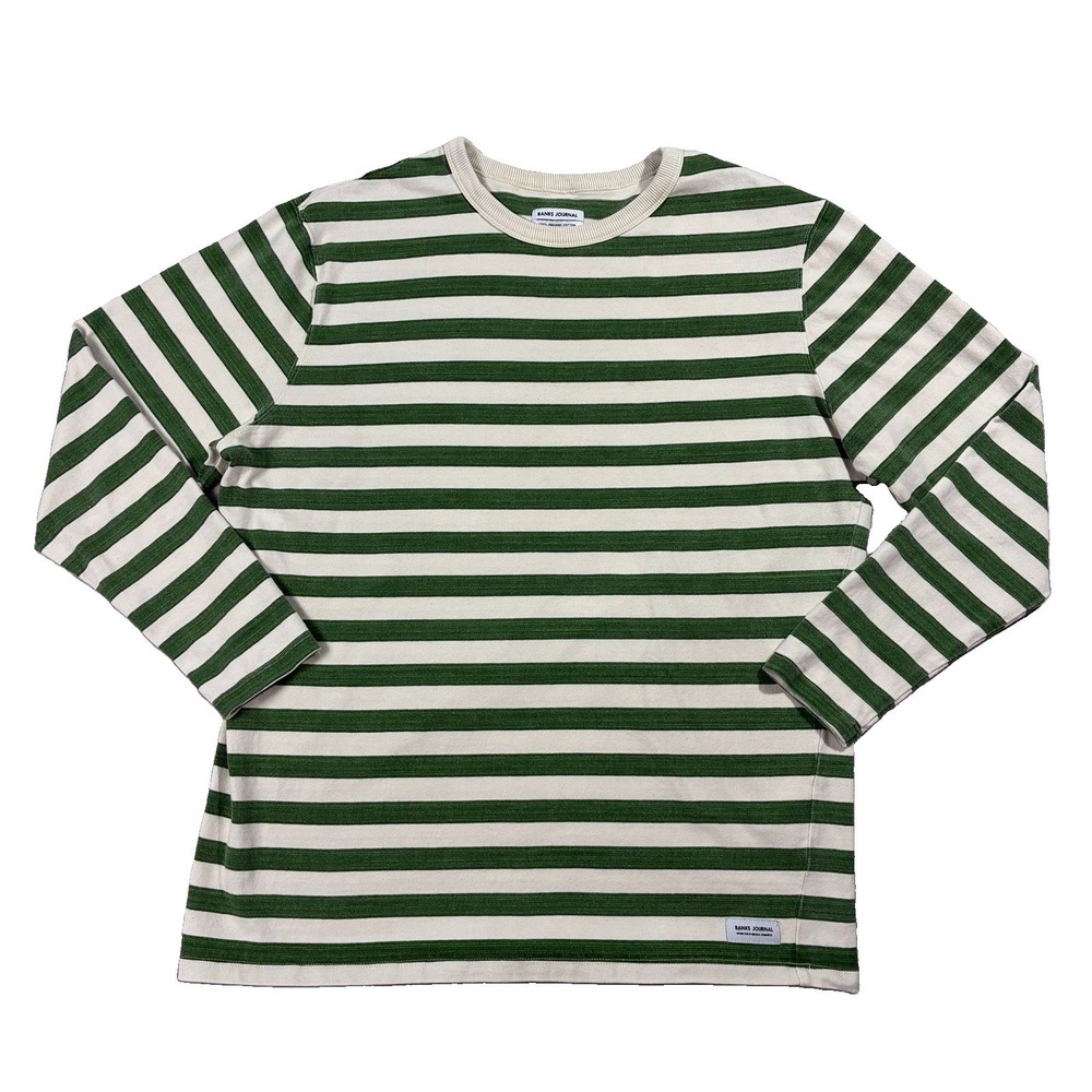 Banks Journal 100% Organic Cotton Striped Long Sleeve Crewneck Tee Green Men XL